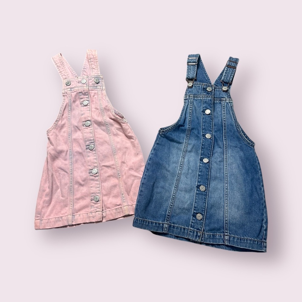 Set Of Two Toddler Girl Baby Gap Overall Dresses Blue And Pink Denim Sz XS & S